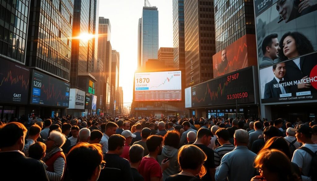A bustling urban setting, illuminated by warm afternoon sunlight filtering through towering skyscrapers. In the foreground, a diverse crowd of people gathers, intently focused on their digital devices, smartphones, and tablets, their expressions a mix of concentration and contemplation. The middle ground features a large display screen, projecting vivid financial data, stock charts, and economic indicators, casting an informative glow over the scene. In the background, a network of interconnected roads and transportation systems suggests the far-reaching impact of economic information on the broader community. The overall atmosphere conveys a sense of engagement, awareness, and the profound influence that accurate economic data can have on the public's perceptions and decision-making.
