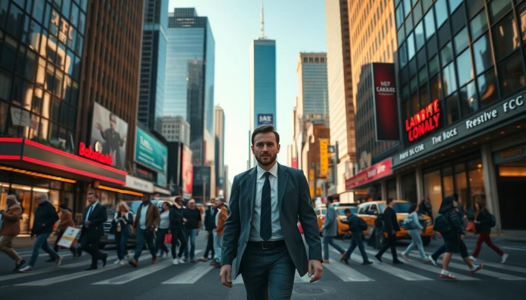 A busy city street, bustling with pedestrians and traffic. In the foreground, a well-dressed individual strides confidently, chin held high, exuding an air of superiority. Their gaze is fixed ahead, oblivious to the people around them. In the middle ground, a group of people stand in their path, hesitant to cross the street, as if deferring to the individual's perceived status. The background is a mixture of towering skyscrapers and neon-lit storefronts, creating a sense of urban opulence. The lighting is a combination of harsh, directional sunlight and warm, artificial illumination, casting dramatic shadows that accentuate the individual's proud posture. The overall mood is one of detachment and self-importance, capturing the essence of "takabur" or arrogance in everyday life.