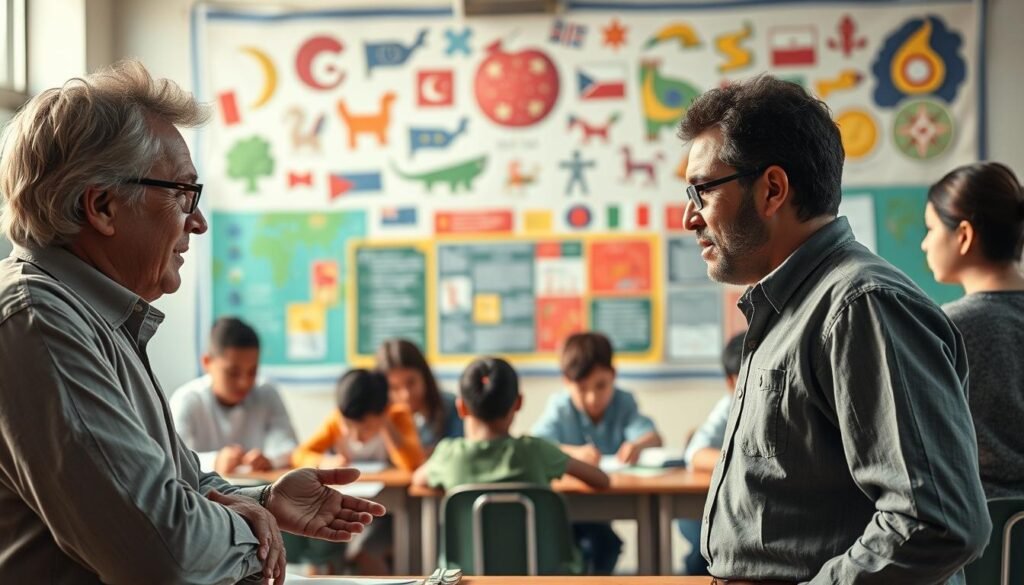 A comparison of diverse teaching methods in a dynamic educational setting. In the foreground, two opposing figures representing conventional and innovative approaches, engaged in animated discussion. The middle ground showcases a vibrant classroom, with students of various backgrounds actively participating in hands-on activities. The background features a tapestry of cultural symbols, hinting at the rich diversity that informs this cross-cultural learning environment. Soft, warm lighting illuminates the scene, creating an atmosphere of openness and collaboration. The composition emphasizes the juxtaposition of traditional and progressive pedagogies, inviting the viewer to ponder the merits and challenges of each approach.