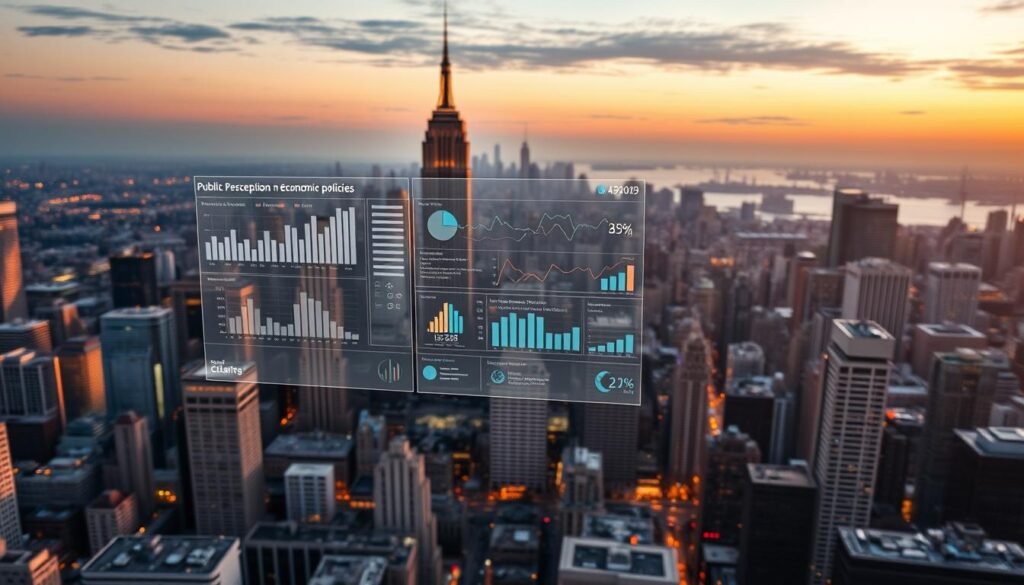 A crowded city skyline at dusk, with a focus on a large data visualization dashboard floating in the foreground. The dashboard displays various charts, graphs, and analytics reflecting public perception trends on economic policies. The backdrop is a panoramic view of the city, with skyscrapers and infrastructure bathed in a warm, golden light. The scene conveys a sense of complexity, data-driven insights, and the interplay between public sentiment and economic decision-making. The composition emphasizes the analytical nature of the subject matter, with the dashboard's holographic display serving as the central focal point.