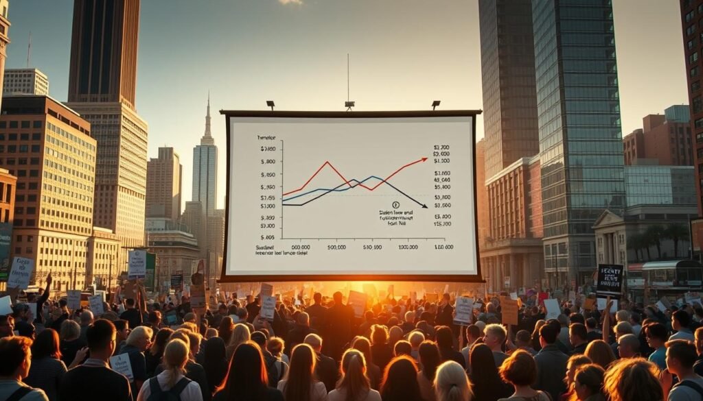 A crowded cityscape, with skyscrapers and office buildings in the background. In the foreground, a group of students and protesters gather, holding placards and banners. The scene is illuminated by warm, golden sunlight, casting long shadows on the ground. In the center, a large projection screen displays a complex financial diagram, representing the controversial student loan scheme for university tuition fees. The mood is one of tension and unrest, as the protesters voice their concerns about the impact of this scheme on their education and financial well-being.