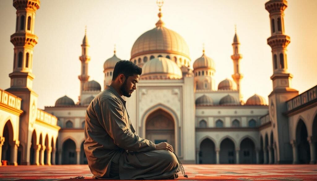 A grand, ornate mosque stands in the background, its intricate domes and minarets reaching towards the heavens. In the foreground, a figure dressed in traditional Islamic garments sits cross-legged, their gaze cast downward in a posture of humility and contemplation. The lighting is warm and golden, evoking a sense of reverence and spiritual reflection. Subtle shadows and highlights accentuate the intricate details of the architecture and the thoughtful expression of the figure, creating a powerful visual representation of the concept of "sifat takabur" or the sin of pride and arrogance in Islamic tradition.