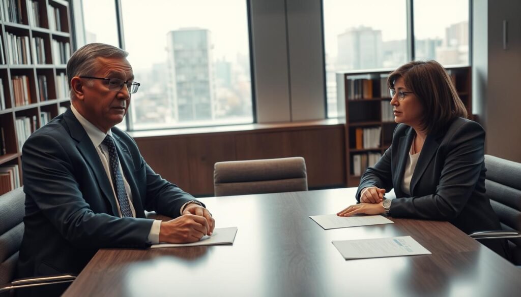 A high-angle shot of a government official and a university administrator in a formal discussion, their expressions conveying serious contemplation. The scene is set in a modern conference room, with a large table and chairs in the foreground, and a backdrop of bookshelves and a window overlooking a cityscape. Soft, directional lighting illuminates the faces of the two figures, creating a sense of gravity and importance. The mood is one of thoughtful deliberation, as the officials consider the concerns of the students and the potential solutions to the UKT issue.