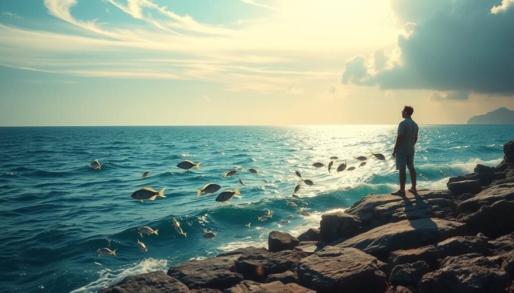 A serene and contemplative scene of a physics educator exploring the wonders of the ocean. In the foreground, a teacher stands on a rocky coastal outcrop, gazing pensively at the vast, shimmering expanse of the sea. Gentle waves caress the shore, their rhythmic motion echoing the ebb and flow of knowledge. In the middle ground, schools of vibrant, lifelike fish dart through the azure waters, serving as a metaphor for the interconnected nature of physics and the ocean. The background is dominated by a majestic, sun-dappled sky, where wispy clouds drift lazily, inspiring a sense of wonder and discovery. The lighting is soft and diffused, creating a warm, inviting atmosphere that encourages reflection and a deeper understanding of the physical world.