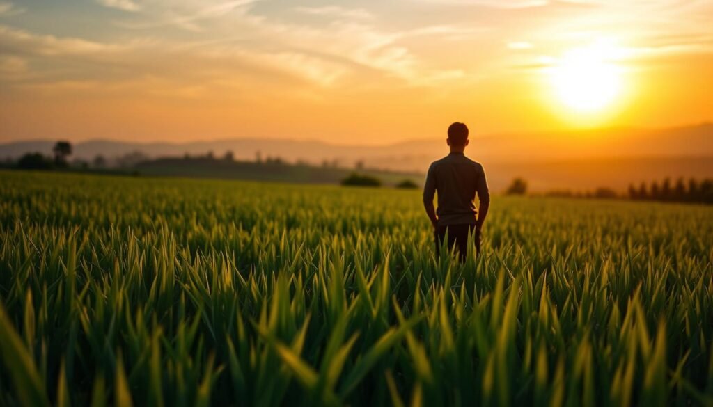 A serene paddy field at dusk, the lush green stalks of pacu jalur swaying gently in the evening breeze. The sun's golden rays filter through wispy clouds, casting a warm, ethereal glow upon the scene. In the foreground, a solitary figure stands amidst the plants, their silhouette backlit and their posture contemplative, radiating a sense of tranquility and harmony with the natural world. The background blurs softly, hinting at the expansive landscape beyond, where distant hills and a softly glowing horizon complete the peaceful, meditative atmosphere.