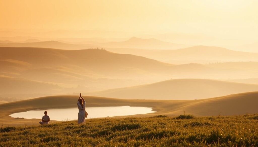 A tranquil landscape of rolling hills and lush meadows, bathed in a warm, ethereal glow. In the foreground, figures stand in meditative poses, their auras radiating a calming, soothing energy that seems to permeate the entire scene. The middle ground features a serene pond, its surface reflecting the soft, diffused light, creating a sense of peace and harmony. In the background, a distant horizon line blends seamlessly with the hazy, atmospheric lighting, giving the impression of a dreamlike, otherworldly environment. The overall mood is one of profound serenity and contemplation, evoking a profound sense of inner calm and connection with the natural world.