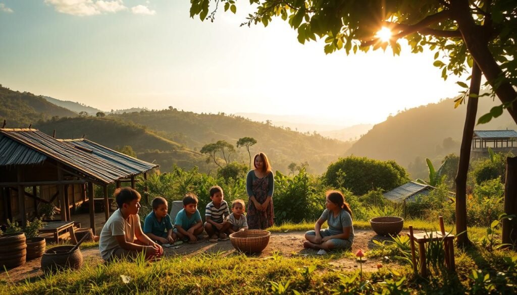 A tranquil village scene nestled in a verdant landscape, showcasing the integration of local wisdom into the educational process. In the foreground, a group of students engage in hands-on learning, surrounded by traditional structures and tools. The middle ground features a teacher guiding the students, their expressions reflecting a deep connection to the local culture. In the background, a stunning natural backdrop of rolling hills, lush foliage, and a clear sky, all bathed in warm, golden sunlight. The overall atmosphere conveys a sense of harmony between the community, the environment, and the educational experience. A wide-angle lens captures the entire scene, highlighting the seamless integration of local knowledge and modern pedagogy.