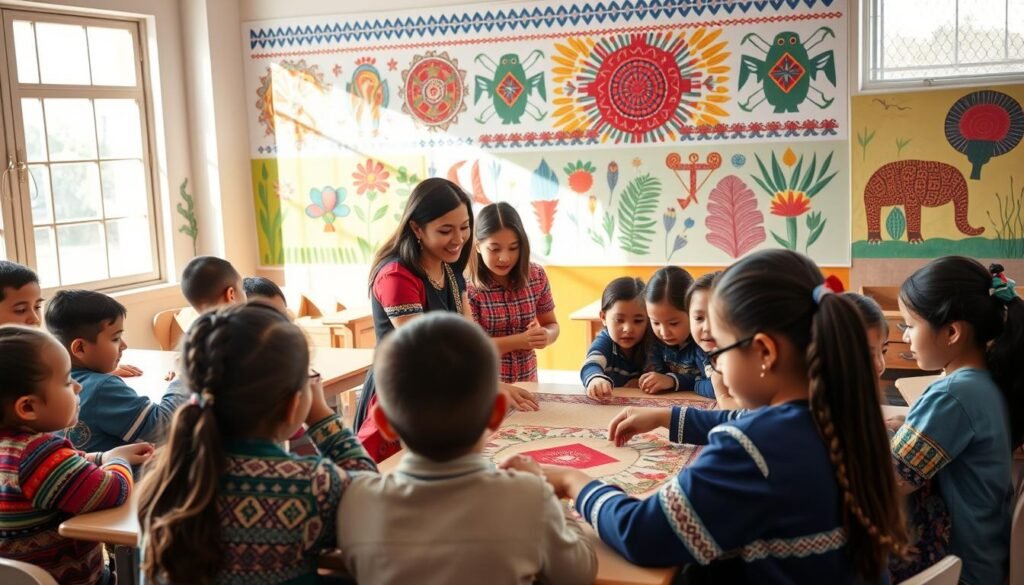 A vibrant classroom setting with diverse students engaged in hands-on, culturally-inspired mathematics activities. In the foreground, a group of students work collaboratively on a geometric pattern, using traditional weaving techniques as inspiration. The middle ground features a teacher guiding the students, demonstrating the connections between cultural practices and mathematical concepts. The background showcases colorful murals depicting regional indigenous motifs, creating a warm, inviting atmosphere that celebrates the intersection of culture and education. Soft, natural lighting filters through large windows, illuminating the engaged, curious expressions of the students. The scene conveys a sense of cultural immersion and the powerful integration of ethnomathematics into the learning experience.