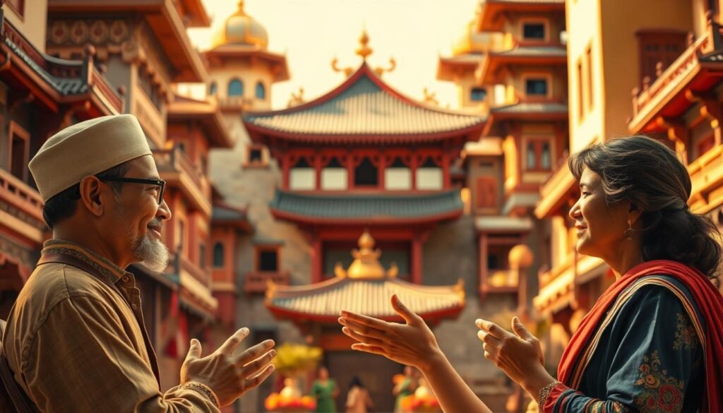 A vibrant, intercultural dialogue unfolds against a backdrop of diverse architectural styles and cultural motifs. In the foreground, two figures from distinct backgrounds engage in a thoughtful exchange, their gestures and expressions conveying a sense of mutual understanding and respect. The middle ground features a blend of traditional and modern elements, symbolizing the interweaving of cultural traditions. The lighting is warm and inviting, creating an atmosphere of openness and connection. The overall composition evokes a sense of harmony and the celebration of diversity, capturing the essence of meaningful cross-cultural communication.
