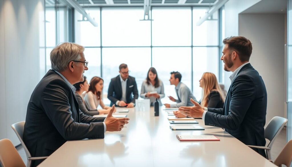 A well-lit office setting, with a group of professionals engaged in a lively discussion around a conference table. The foreground features two colleagues leaning in, gesturing animatedly as they exchange ideas. The middle ground showcases a diverse team, some taking notes, others offering input, creating a sense of collaborative problem-solving. The background depicts a modern, minimalist workspace with large windows, allowing natural light to flood the scene and lending an air of openness and transparency. The overall mood conveys a productive, yet relaxed atmosphere, reflecting the essence of interpersonal communication in a professional environment.