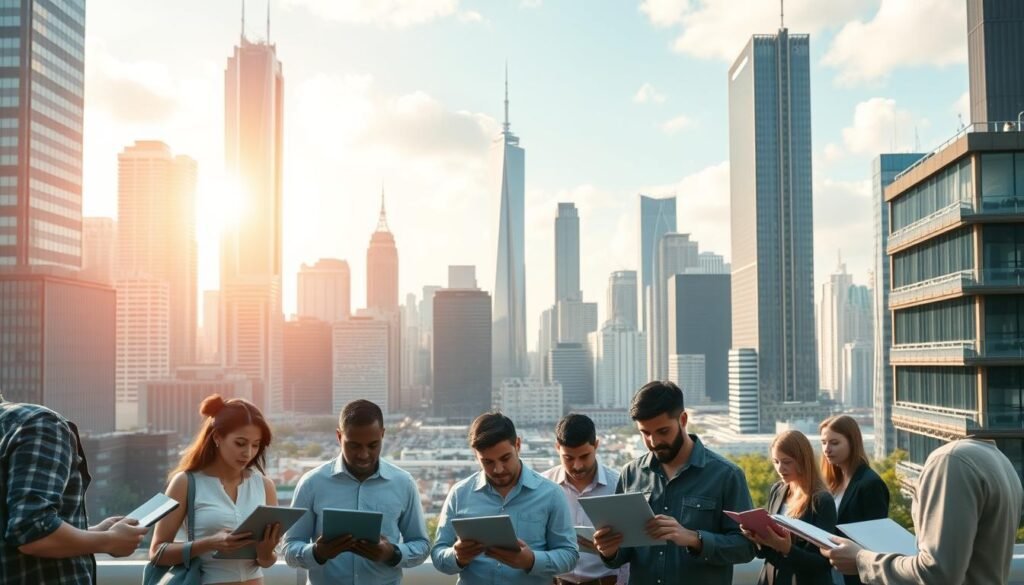 A bustling urban landscape, with towering skyscrapers and modern architectural marvels. In the foreground, a diverse group of web developers engaged in intense discussions, laptops and tablets in hand, reflecting the high demand for their skills. The middle ground showcases a mix of traditional and contemporary office buildings, symbolizing the seamless integration of technology and innovation. In the background, a vibrant cityscape with a mix of residential and commercial structures, underscoring the thriving job market for web development professionals. The scene is illuminated by a warm, golden light, conveying a sense of prosperity and opportunity. The overall atmosphere exudes a dynamic, forward-thinking energy, befitting the rapid growth and evolution of the web development industry.