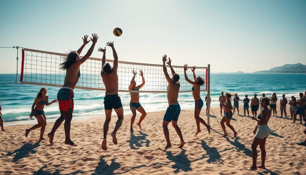 A competitive volleyball match taking place on a sun-drenched beach, with players in colorful uniforms leaping to spike the ball over a taut net. The foreground captures the intensity of the game, with athletes straining every muscle as they battle for the winning point. In the middle ground, spectators line the sidelines, cheering and clapping. The background reveals a panoramic view of the pristine coastline, azure waves lapping at the golden sand. Dramatic, high-contrast lighting casts dynamic shadows, emphasizing the dynamic motion of the players. Captured with a wide-angle lens to showcase the full scope of the event, this image conveys the thrill and energy of a high-stakes beach volleyball competition.