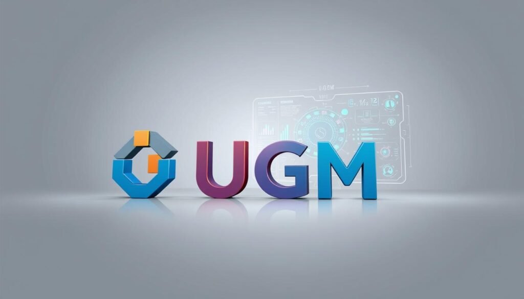 A high-quality, professional-looking illustration of "UGM AI TBC" against a clean, minimalist backdrop. The foreground features a detailed rendering of the UGM logo, with its distinctive stylized letters and geometric shapes rendered in a bold, modern color palette. The middle ground showcases a sleek, futuristic-looking AI interface with various data visualizations and iconography, conveying the advanced technological capabilities of the system. The background is a soft, neutral gradient that allows the key visual elements to take center stage. The overall composition is well-balanced, with thoughtful use of lighting and perspective to create a sense of depth and professionalism. The mood is one of innovation, efficiency, and technological prowess.