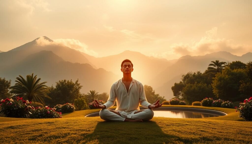 A serene, contemplative landscape depicting the spiritual awakening of "Ma'rifatullah". In the foreground, a mystic figure sits in a lotus position, their eyes closed in deep meditation, radiating an aura of inner peace. The middle ground features a lush, verdant garden with blooming flowers and a tranquil pond, symbolizing the blossoming of spiritual awareness. In the background, majestic mountains rise, their peaks shrouded in wisps of ethereal mist, evoking a sense of the divine. Warm, diffused lighting casts a soft, golden glow, creating an atmosphere of profound enlightenment and connection with the sacred. The overall composition conveys the transformative journey of "Ma'rifatullah" and the spiritual awakening it brings.