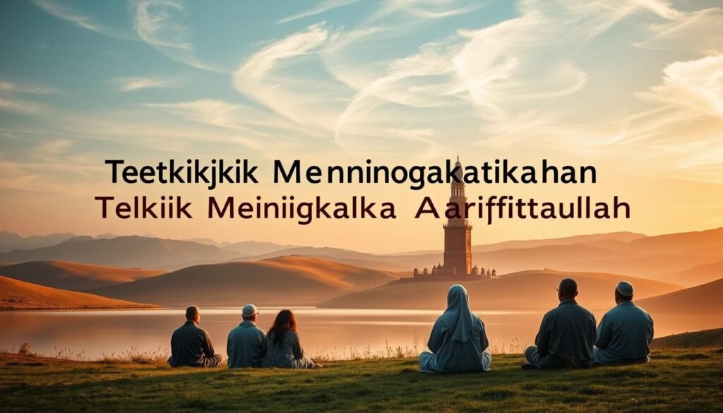 A serene landscape of rolling hills, with a tranquil lake reflecting the sky's soft hues. In the foreground, a group of Sufi mystics sit in deep contemplation, their robes flowing gently in the breeze. The scene is bathed in warm, diffused lighting, creating an atmosphere of introspection and spiritual connection. The middle ground features a towering, ornate structure, its intricate architecture symbolizing the depth and complexity of Sufi teachings. In the background, wispy clouds drift across a sky that seems to stretch on endlessly, evoking a sense of the infinite and the divine. The overall composition conveys a harmonious balance between the earthly and the transcendent, reflecting the essence of "Teknik Meningkatkan Ma'rifatullah".