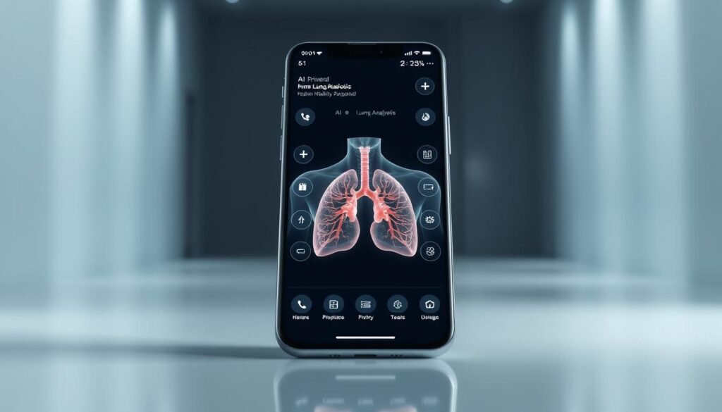 A sleek, AI-powered mobile application interface displayed on a modern smartphone. The foreground features a clean, minimalist design with intuitive icons and user-friendly controls for navigating various health-related functions. The middle ground showcases a 3D model of a human chest, highlighting the AI-driven lung analysis capabilities. The background subtly suggests a medical environment, with muted tones and a sense of clinical professionalism. Soft, directional lighting emphasizes the technology-driven nature of the application, creating a sense of precision and innovation. The overall atmosphere conveys a seamless integration of advanced medical imaging and AI-powered diagnostics, reflecting the cutting-edge nature of the application.