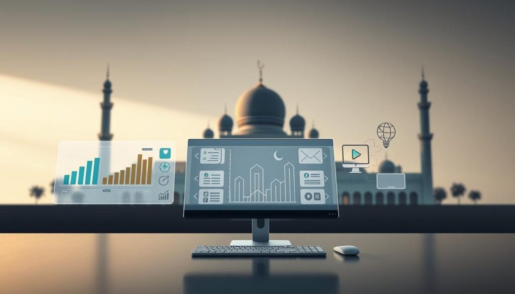 A sleek, modern digital marketing strategy for an Islamic business, featuring a clean layout with minimalist icons and graphics. The foreground displays a stylized digital dashboard with analytic charts and metrics, reflecting key performance indicators relevant to the Islamic business model. The middle ground showcases various digital marketing channels such as social media, email, and online advertising, all seamlessly integrated. The background depicts a serene, mosque-inspired architectural motif, symbolizing the harmony between Islamic principles and digital innovation. Lighting is soft and warm, creating an atmosphere of professionalism and spirituality. The overall composition conveys a sense of balance, efficiency, and adherence to Islamic values.