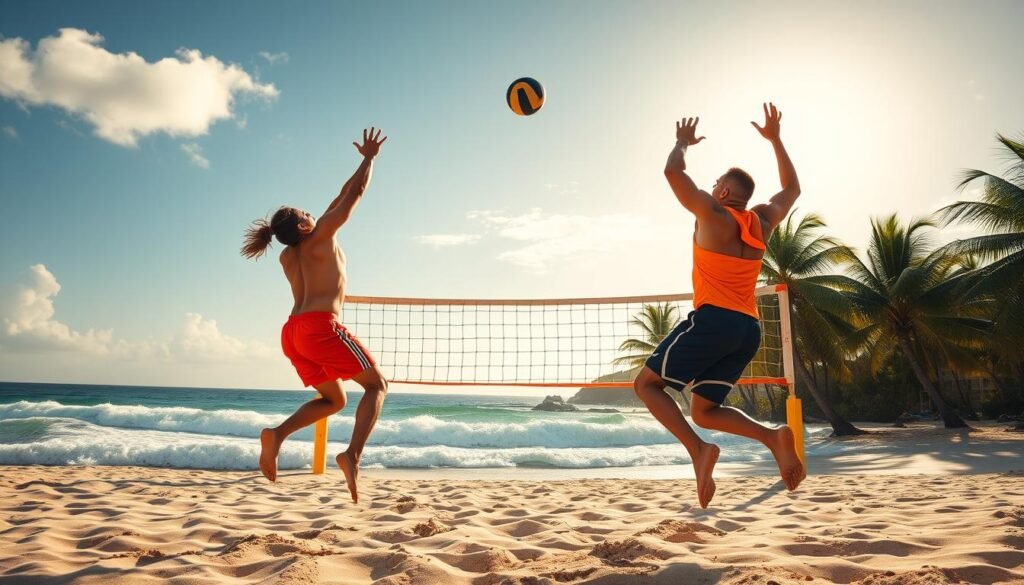A sun-drenched beach, pristine sands and crashing waves set the stage for an intense beach volleyball match. In the foreground, two players in vibrant sportswear leap gracefully to spike the ball, their muscular forms silhouetted against the bright sky. The middle ground reveals a net stretched taut, the centerpiece of the energetic scene. Surrounding the court, palm trees sway gently in the ocean breeze, their lush fronds framing the action. Warm, golden light bathes the entire composition, capturing the exhilarating atmosphere of an outdoor volleyball training session. The angle is slightly elevated, giving a panoramic view of the dynamic players and breathtaking coastal landscape.