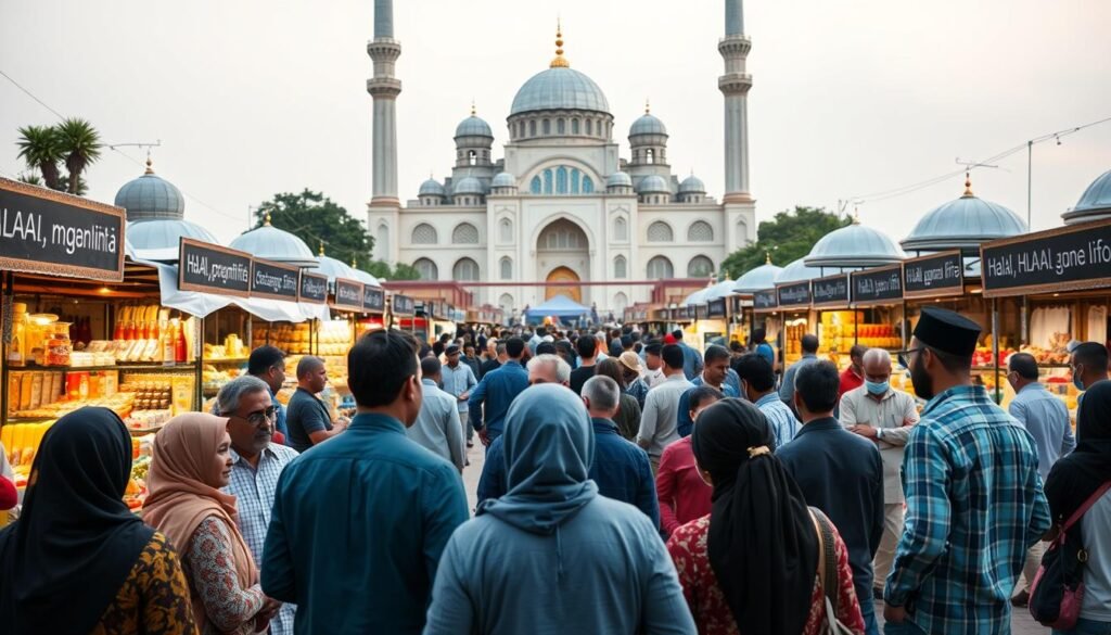 A vibrant community gathering, set against the backdrop of a bustling Islamic marketplace. In the foreground, a diverse group of entrepreneurs and business owners discuss strategies, sharing insights and offering support. The middle ground showcases a variety of colorful stalls, each displaying an array of halal products and services. In the background, a majestic mosque stands tall, its ornate architecture and serene atmosphere radiating a sense of spiritual guidance. Soft, warm lighting illuminates the scene, creating an atmosphere of collaboration, innovation, and a shared commitment to ethical, faith-driven commerce.