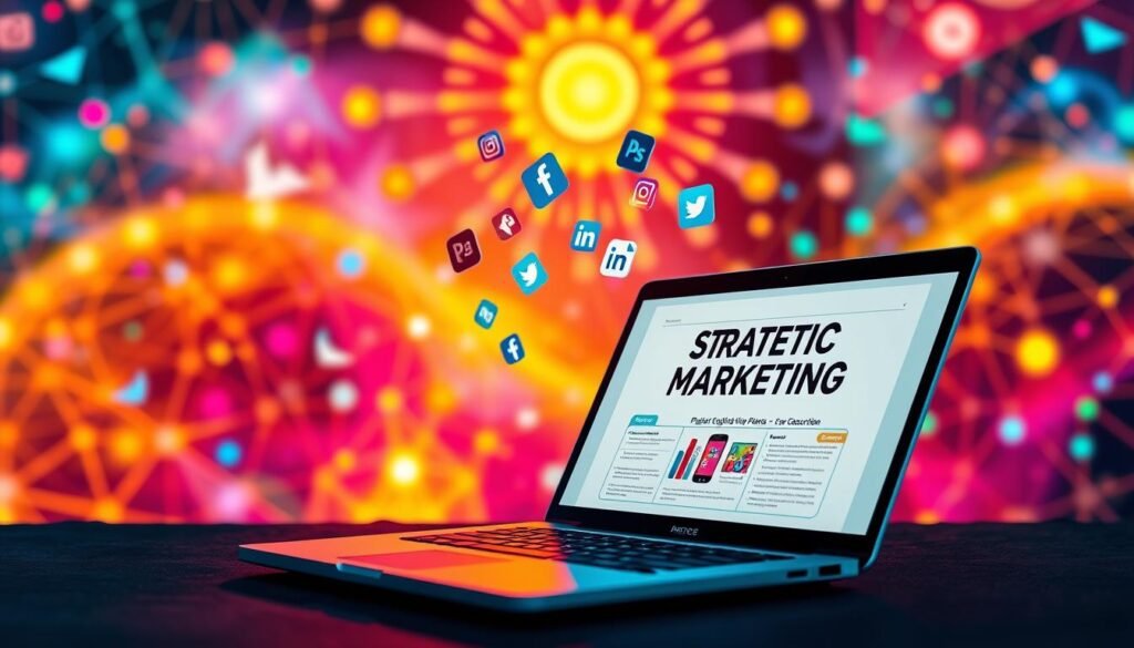 A vibrant digital landscape, a seamless fusion of strategy and technology. In the foreground, a sleek laptop displays a strategic digital marketing plan, its screen illuminated by a warm, focused lighting. In the middle ground, social media icons float effortlessly, representing the power of online platforms for product acquisition. The background is a kaleidoscope of digital assets - engaging content, collaborative partnerships, and a sense of innovation that permeates the scene. The overall mood is one of purposeful dynamism, where digital savvy and strategic thinking converge to drive business success.