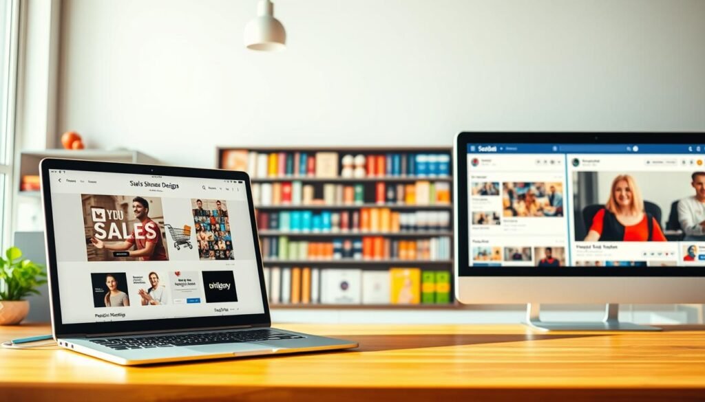 A vibrant, dynamic scene showcasing three distinct digital sales platforms. In the foreground, a sleek, modern website with a crisp, minimalist design takes center stage, its clean lines and bold colors drawing the eye. In the middle ground, a bustling online marketplace teems with activity, its virtual shelves brimming with diverse digital products. Further back, a social media platform dominates the background, its vibrant feed and engaging interface creating a sense of connection and community. Warm, natural lighting illuminates the scene, casting a welcoming glow and highlighting the streamlined, user-friendly interfaces of each platform. The overall composition conveys the flexibility and versatility of digital sales, inviting the viewer to consider the optimal avenue for their own digital product offerings.