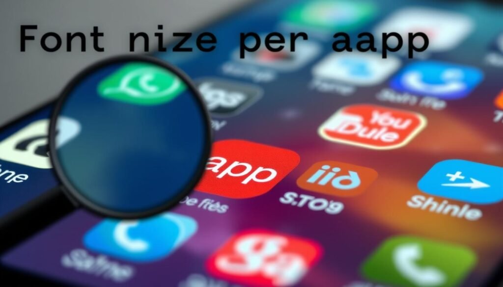 A digital illustration depicting the concept of "font size per app" on an Android device. The scene showcases a closeup view of a smartphone screen, with various app icons prominently displayed. The foreground features a magnified view of an app icon, its font size visibly larger than the surrounding icons. The middle ground presents a collection of app icons, each with slightly varying font sizes, creating a subtle visual hierarchy. The background subtly blurs, drawing the viewer's focus to the adjustable font size functionality. The overall composition conveys a sense of precision, control, and customization, reflecting the technical nature of the subject matter. Realistic lighting and materials lend an authoritative, professional tone to the illustration.