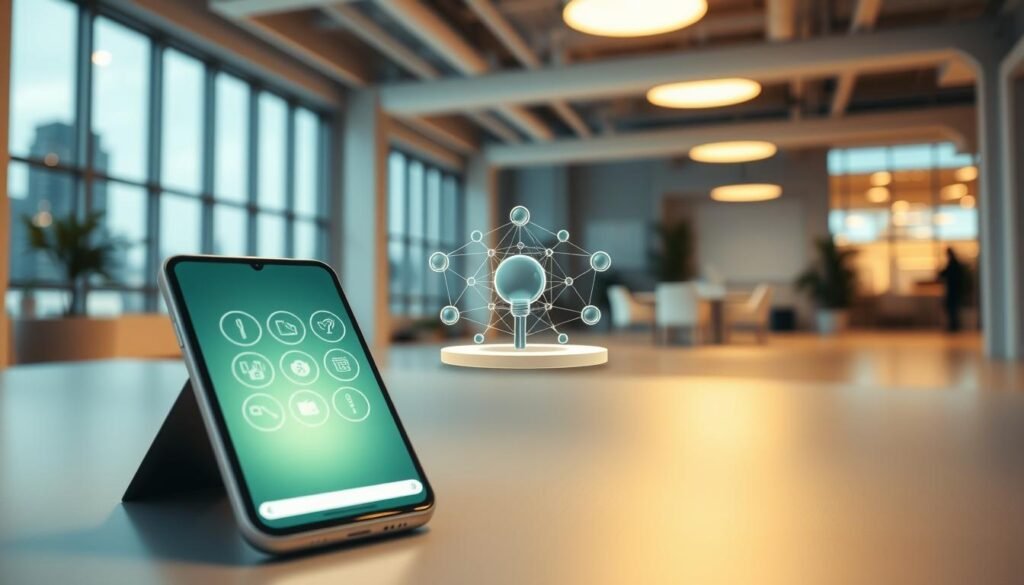 A modern, sleek office environment focused on energy efficiency for AI technology. In the foreground, a futuristic smartphone displaying AI-powered energy management icons on its screen, casting a soft glow. The middle features an abstract representation of Dynamic Island technology, with interconnected nodes symbolizing efficient energy flow. The background showcases a bright, airy office with large windows allowing natural light to filter in, emphasizing a sustainable workspace. The atmosphere conveys innovation and forward-thinking, with a warm color palette. Use soft, diffused lighting that highlights the smartphone and the tech visuals, shot from a slight upward angle to create depth and focus on the concept of energy efficiency.