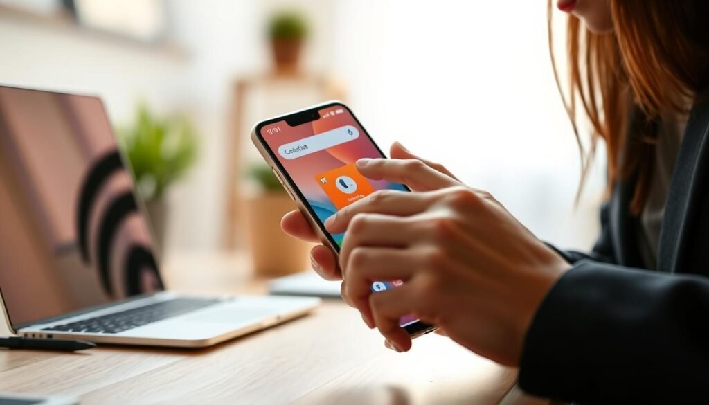 A close-up view of a modern Android smartphone displaying the screen pinning feature, showcasing a single application pinned on the screen, surrounded by a soft, blurred background of a cozy workspace. The phone is positioned slightly tilted to emphasize the vibrant app interface. A pair of hands in professional business attire can be seen gently pressing the screen to demonstrate exiting the screen pinning mode. Warm, natural lighting fills the scene, creating a relaxed and focused atmosphere. The lens captures a shallow depth of field, drawing attention to the phone while softly blurring the surroundings. This composition highlights the concept of usability and functionality in everyday technology. A close-up view of a modern Android smartphone displaying the screen pinning feature, showcasing a single application pinned on the screen, surrounded by a soft, blurred background of a cozy workspace. The phone is positioned slightly tilted to emphasize the vibrant app interface. A pair of hands in professional business attire can be seen gently pressing the screen to demonstrate exiting the screen pinning mode. Warm, natural lighting fills the scene, creating a relaxed and focused atmosphere. The lens captures a shallow depth of field, drawing attention to the phone while softly blurring the surroundings. This composition highlights the concept of usability and functionality in everyday technology.