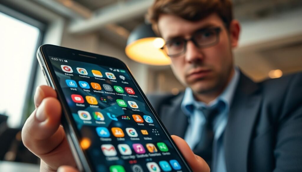 A close-up view of a smartphone screen displaying a cluttered user interface filled with bloatware icons, showcasing various application logos. The background features a blurred office environment with a soft, warm light emanating from an overhead lamp, creating a cozy yet professional atmosphere. In the foreground, a person in smart casual attire looks thoughtfully at the phone with a hint of frustration, suggesting the impact of bloatware on user experience. The image is taken from a low angle to emphasize the smartphone, with a focus on the shimmering screen reflecting the overhead light, enhancing the sense of performance issues. The overall mood conveys a blend of analytical curiosity and mild annoyance regarding slow device performance.