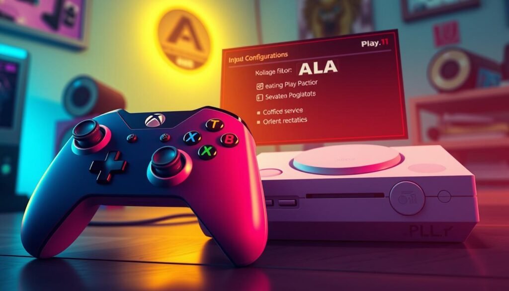 A detailed and engaging illustration depicting an Xbox controller and a classic console, emphasizing input configuration settings. In the foreground, showcase the Xbox controller with vibrant buttons and ergonomic design. In the middle, include a retro console, like a PS1, alongside a visual representation of game inputs displayed on a digital screen, encompassing graphical elements showing configuration options. The background should be a soft-focus gaming room, subtly illuminated with neon lighting to create a nostalgic gaming atmosphere. Utilize a slight low-angle view to highlight the controllers prominently while ensuring the overall mood conveys innovation and retro gaming integration. The lighting should be warm and inviting, enhancing the focus on the controllers and console.