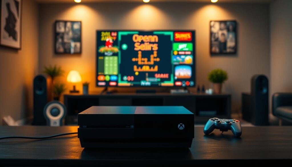 A sleek Xbox Series console displayed prominently in the foreground, showcasing a custom OpenBOR interface on the screen, with vibrant pixel-art graphics reminiscent of classic arcade games. In the middle ground, an elegant gaming setup with a high-quality TV displaying retro gameplay, surrounded by nostalgic gaming memorabilia like PS1 cartridges and vintage controllers, highlighting the theme of gaming evolution. The background is softly blurred, featuring a modern gaming room ambiance with dimmed lights, creating a cozy and immersive atmosphere. The lighting is warm, with a spotlight effect on the console to emphasize its uniqueness. Capture the mood of experimentation and nostalgia, inviting viewers to explore the intersection of new technology and classic gaming experiences.