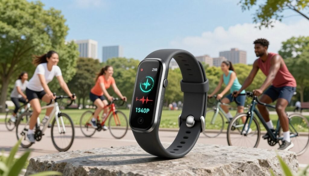 A futuristic smart band designed for sports, prominently displayed in the foreground, showcasing its advanced features such as heart rate monitoring and GPS tracking. The smart band is sleek and modern, with an illuminated screen exhibiting health metrics. In the middle ground, a diverse group of people in professional athletic attire—representing various ethnicities—are engaged in different sports activities such as running and cycling, demonstrating the smart band in action. The background features a vibrant urban park with green trees and a clear blue sky, suggesting a lively and active atmosphere. The scene is bathed in bright, natural lighting, enhancing the sleek design of the smart band. Capture the essence of health, activity, and technology in a harmonious setting.